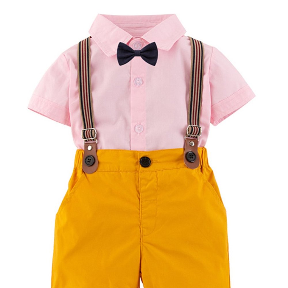 Pink Shirt, Mustard Shorts, Suspender & Bowtie 4pcs Little Boy Outfit